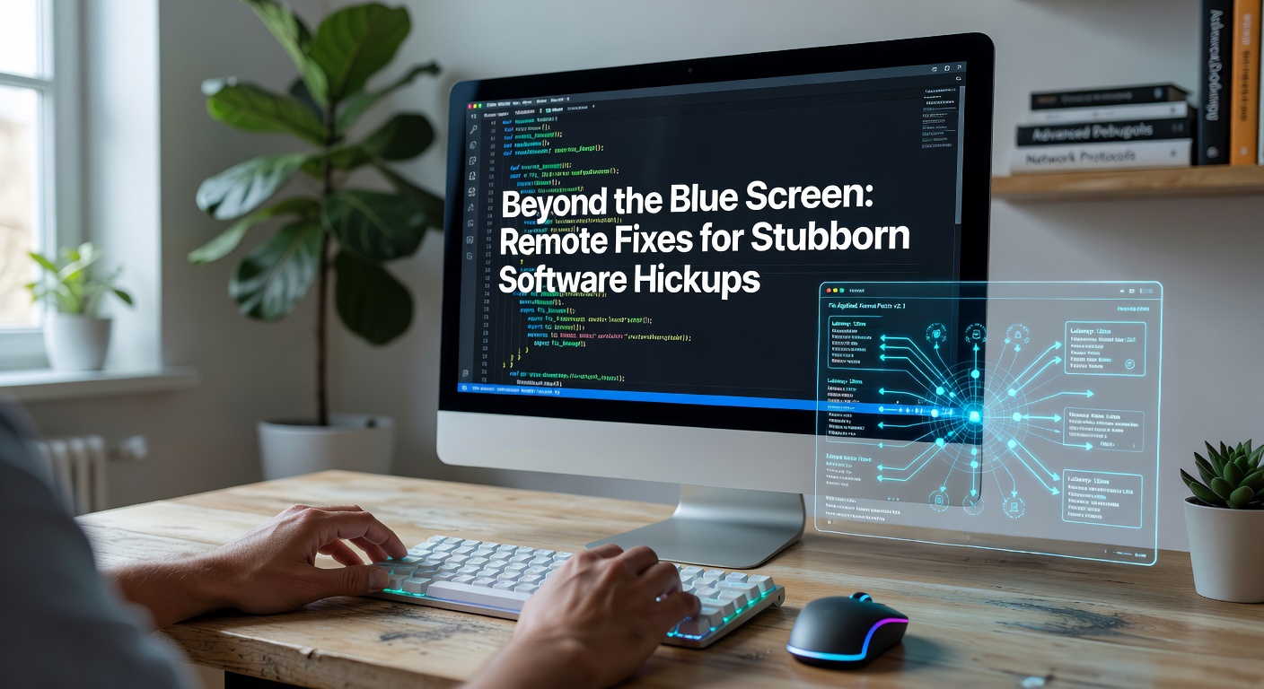 Technician remotely accessing a computer screen displaying a blue screen error, with diagnostic tools overlayed