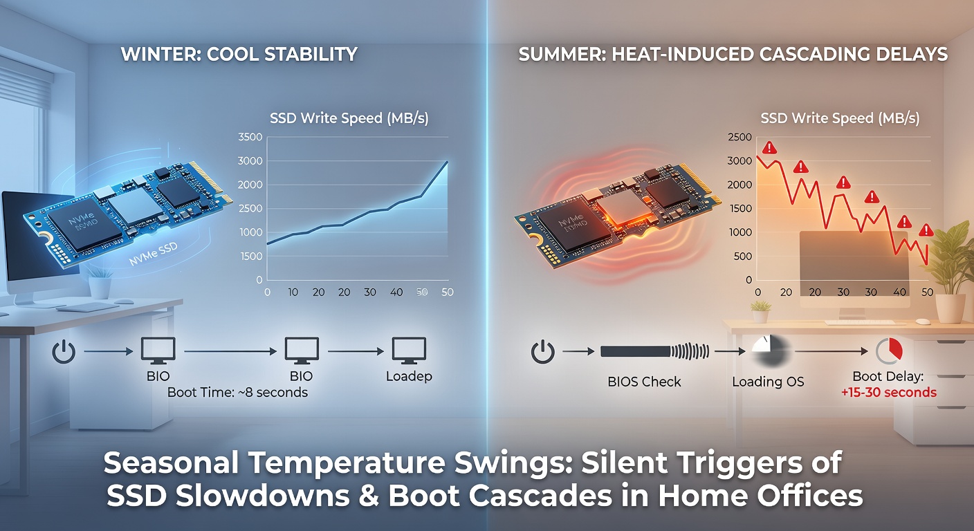 Chart showing temperature fluctuations impacting SSD write performance across different seasons in typical home office environments