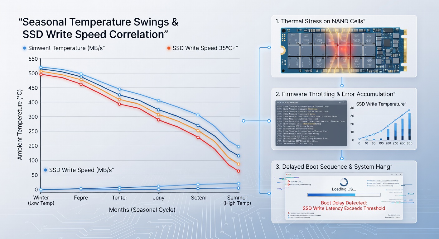 Graph illustrating boot time increases linked to SSD write speed reductions during temperature transitions