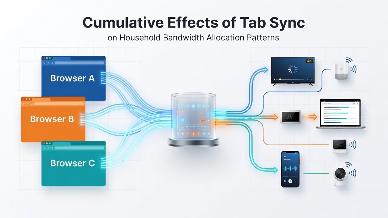 Diagram showing multiple browsers syncing tabs across household devices with bandwidth flow indicators
