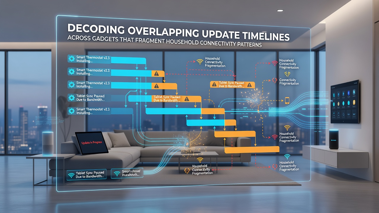 Router diagnostic screen showing multiple device update queues competing for bandwidth on a home network