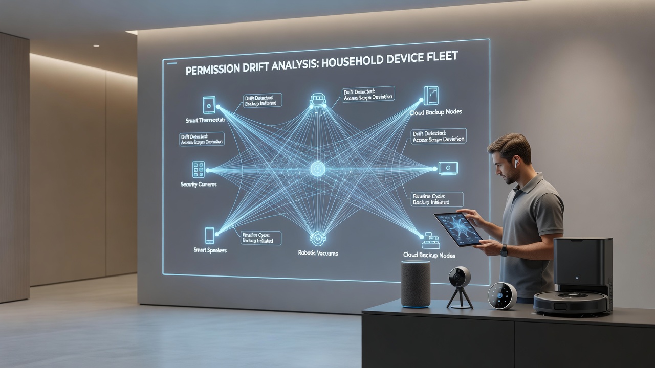 Network diagram showing permission drift across synced household devices and remote access points