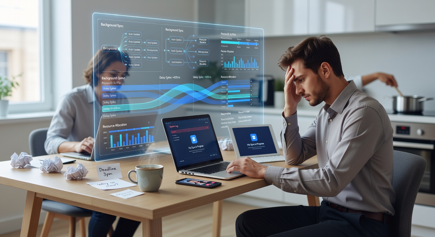 Multiple devices in a shared home workspace showing synchronized background processes running simultaneously