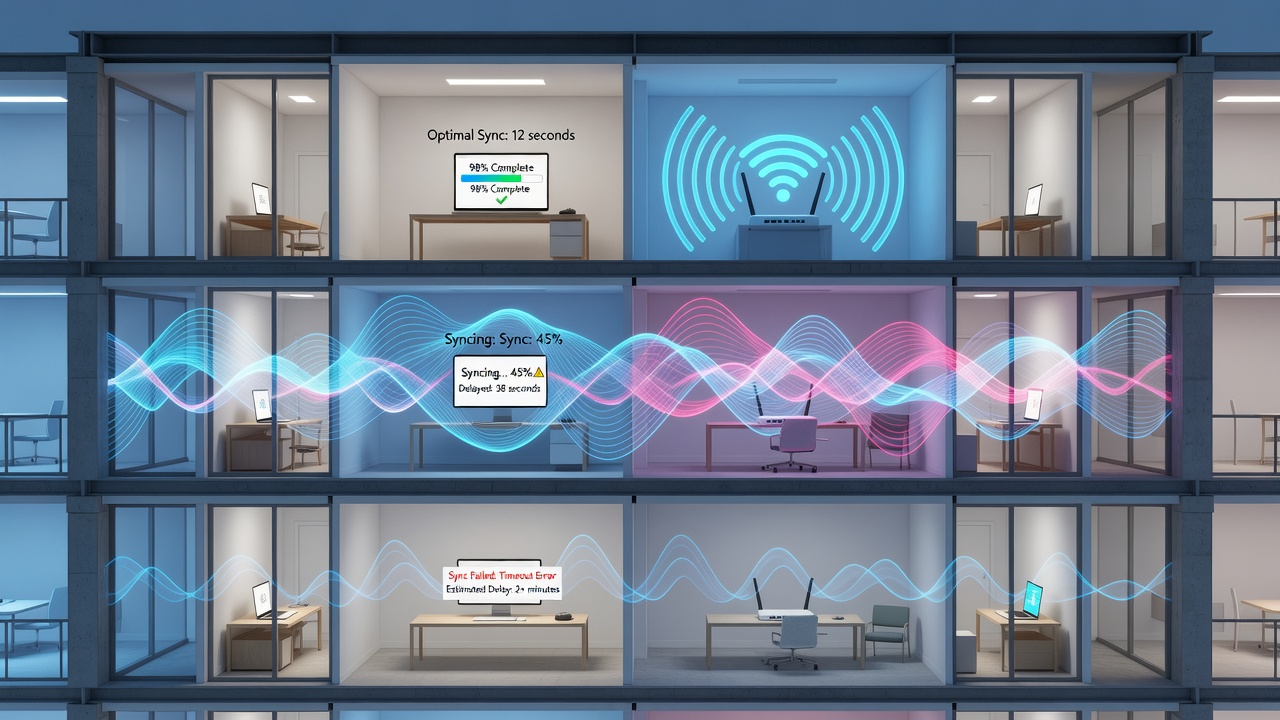 Graph displaying file sync completion times versus wireless interference levels across apartment floors