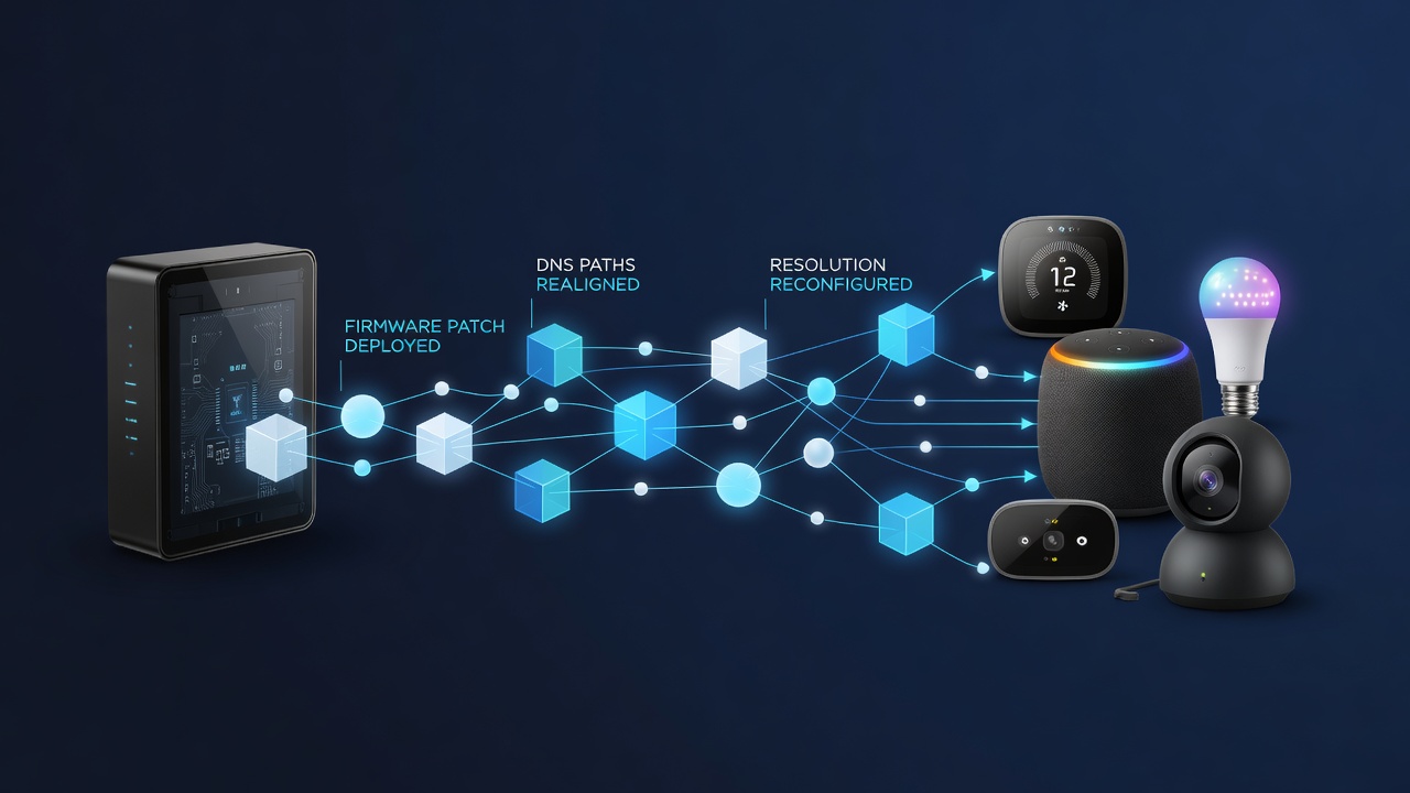 Router firmware patches initiating DNS path realignments in home networks with connected smart devices