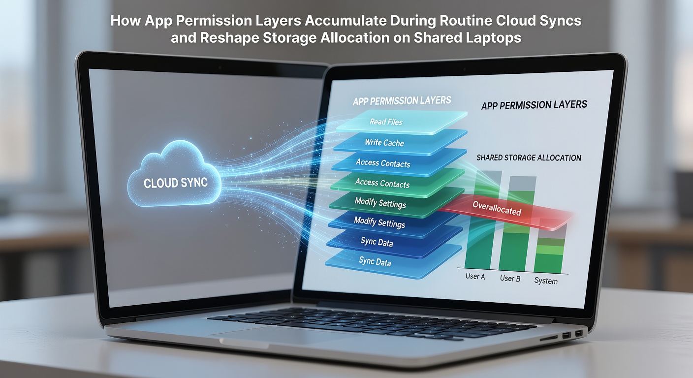 Diagram showing layered app permissions building up across multiple cloud sync services on a shared laptop