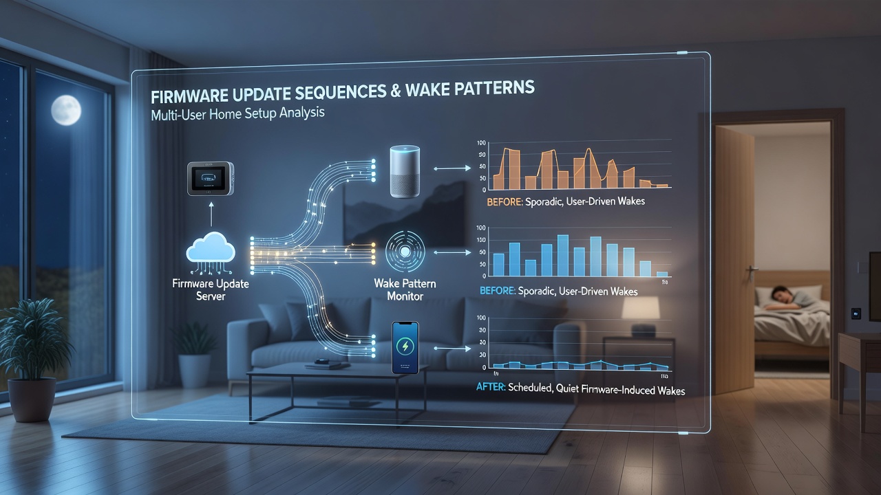 Timeline chart illustrating before-and-after wake event clustering following firmware deployment in a four-person household