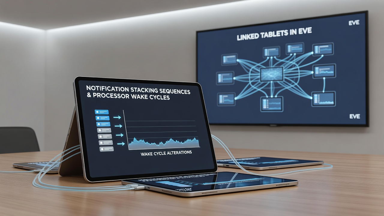 Illustration of evening household tablet cluster with synchronized notification handling across multiple devices