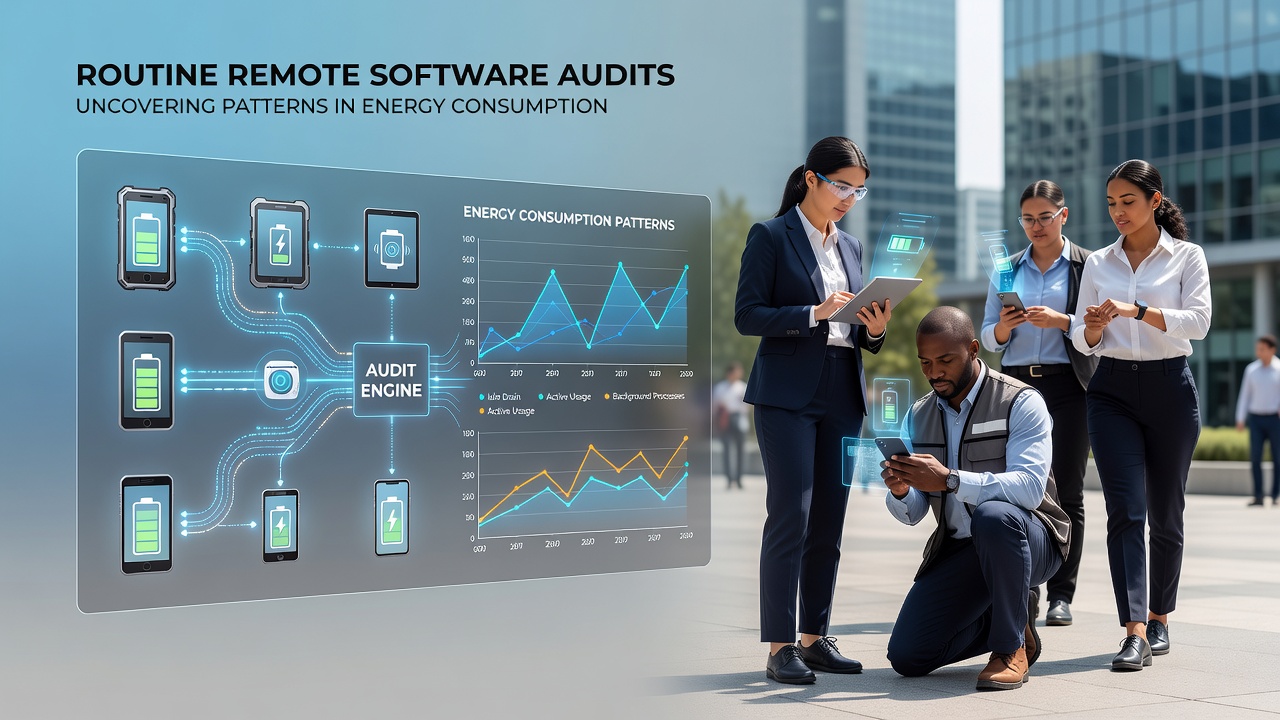 Remote software audit dashboard displaying energy usage metrics across multiple mobile devices in a workforce setting