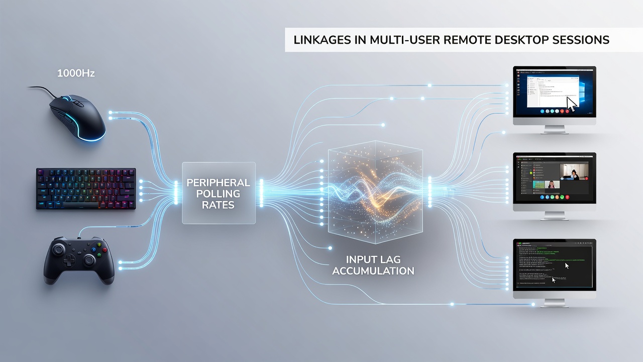 Diagram showing peripheral polling rates interacting with remote desktop latency in shared household setups