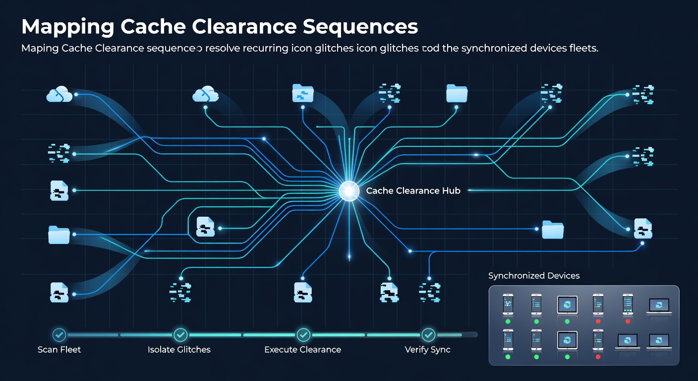 Diagram showing cache clearance sequences applied to multiple synchronized devices in a fleet management setup