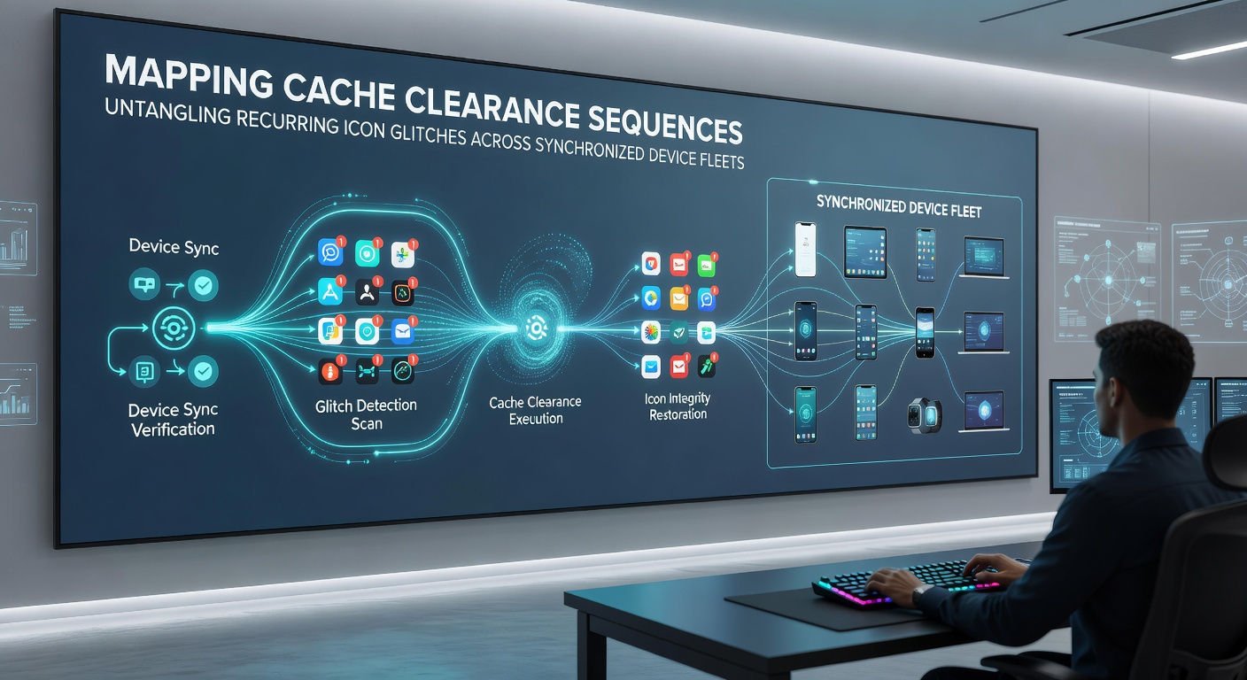 Flowchart illustrating sequenced cache clearance steps across a network of synchronized devices