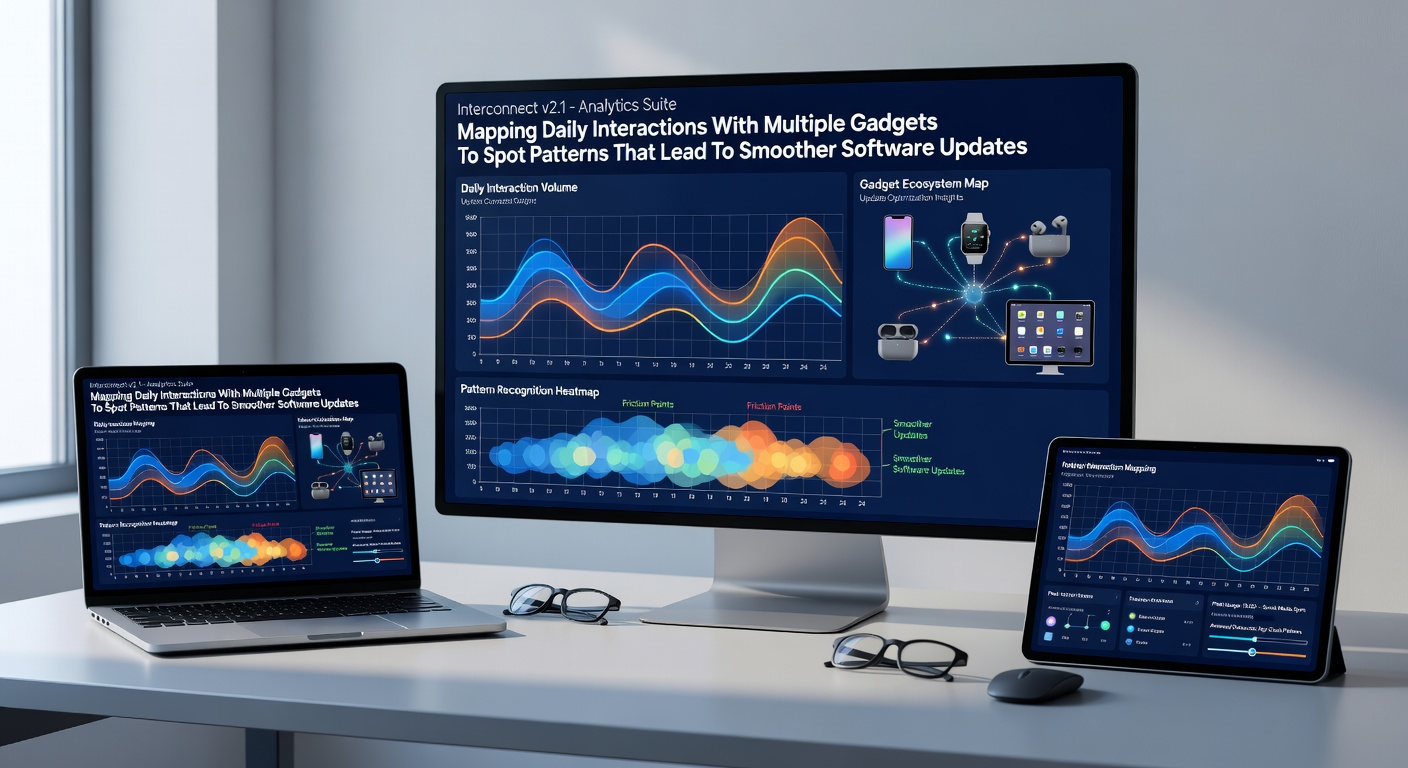 Data visualization dashboard displaying gadget interaction timelines and software update scheduling recommendations