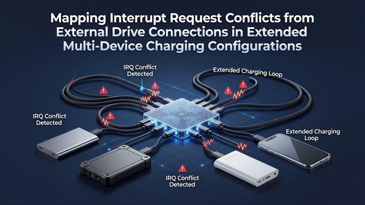 Diagram showing IRQ assignments and external drive connections in a multi-device charging setup