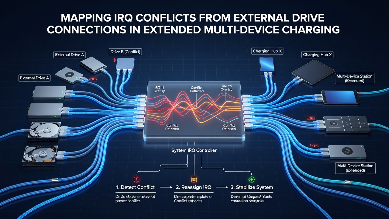 Screenshot of IRQ mapping tool output with external drive and charging device conflicts highlighted