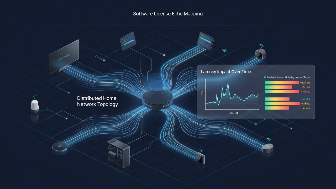 Graph illustrating latency measurements before and after license check events in a typical home network setup