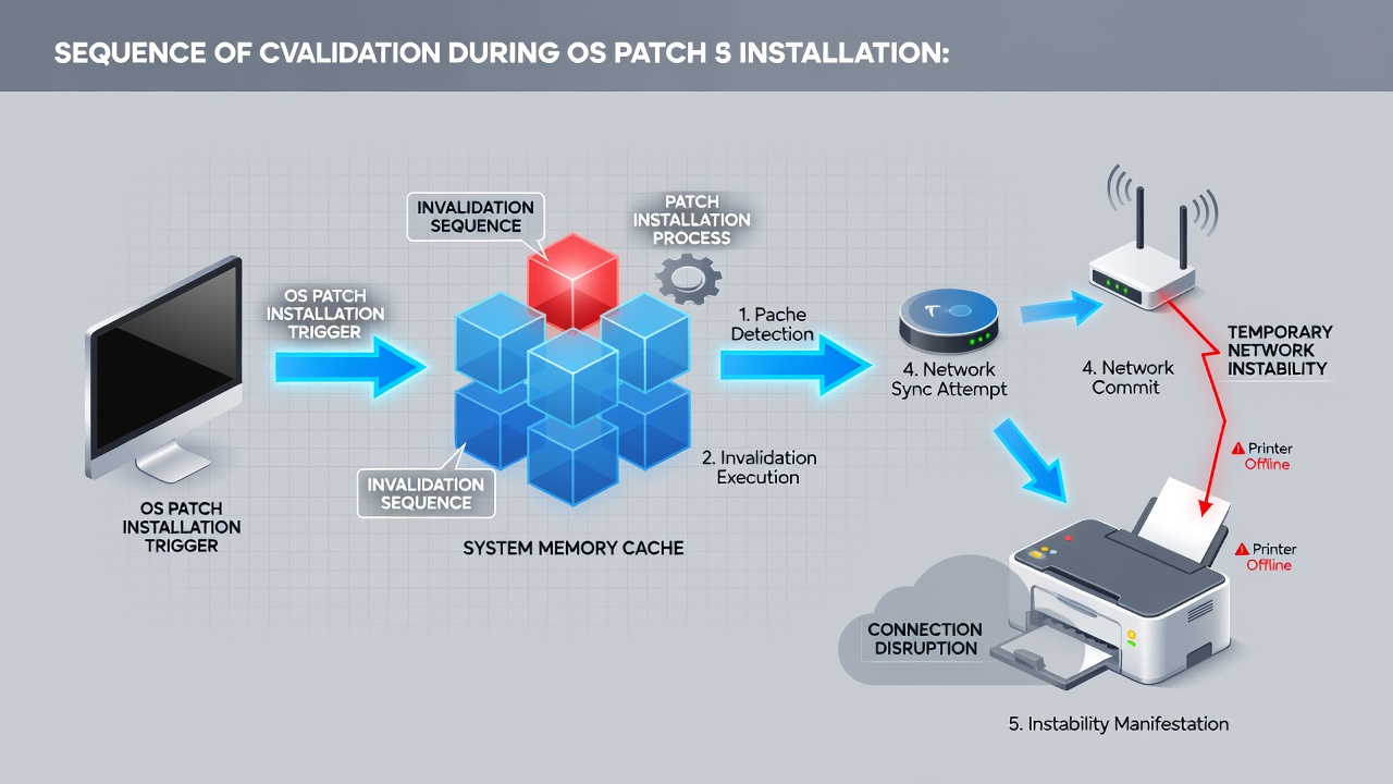 Flow diagram illustrating cache invalidation steps during operating system patch installations and resulting network effects on wireless devices