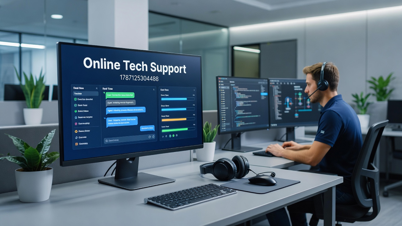 Multiple users engaging with remote support interfaces on laptops and tablets during a typical workday