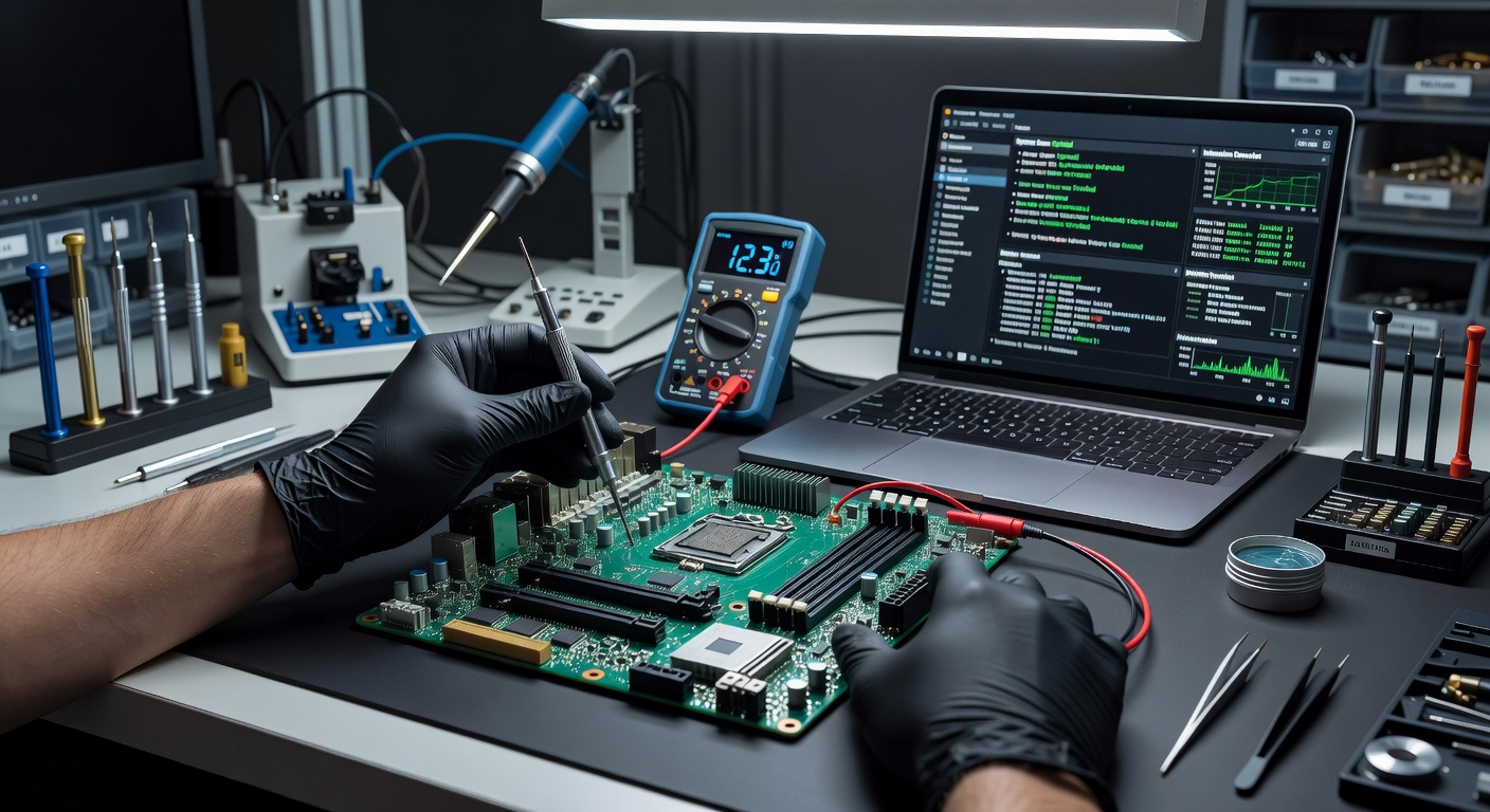 Close-up view of precision hardware adjustments on a motherboard showing thermal components and firmware interfaces