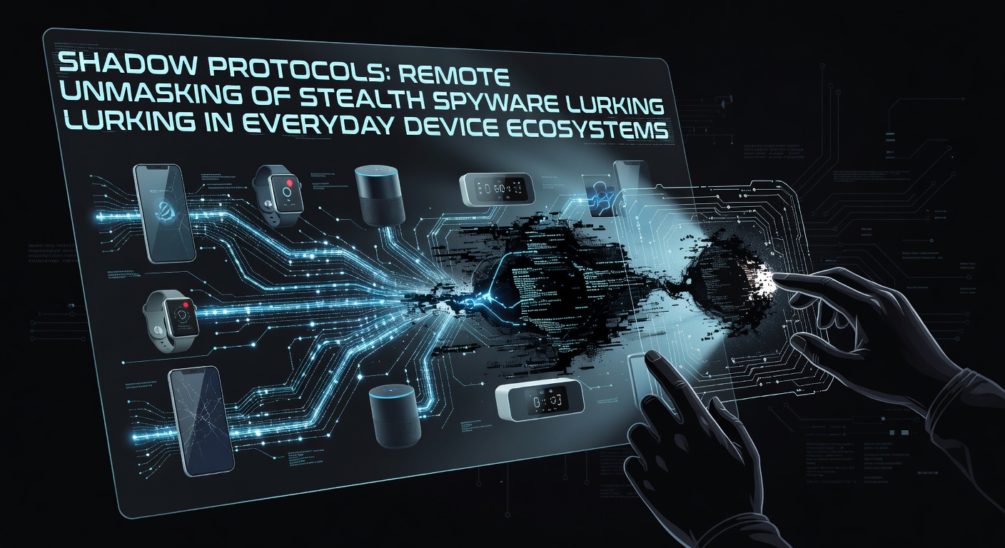 Illustration of interconnected smart devices with hidden digital threats overlay