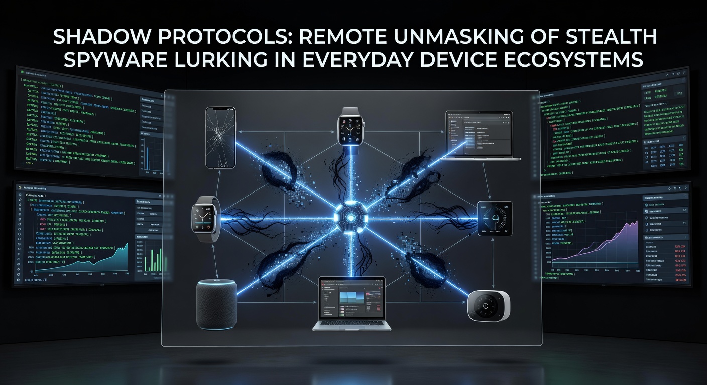 Network diagram showing remote scanning of multiple connected devices for hidden spyware