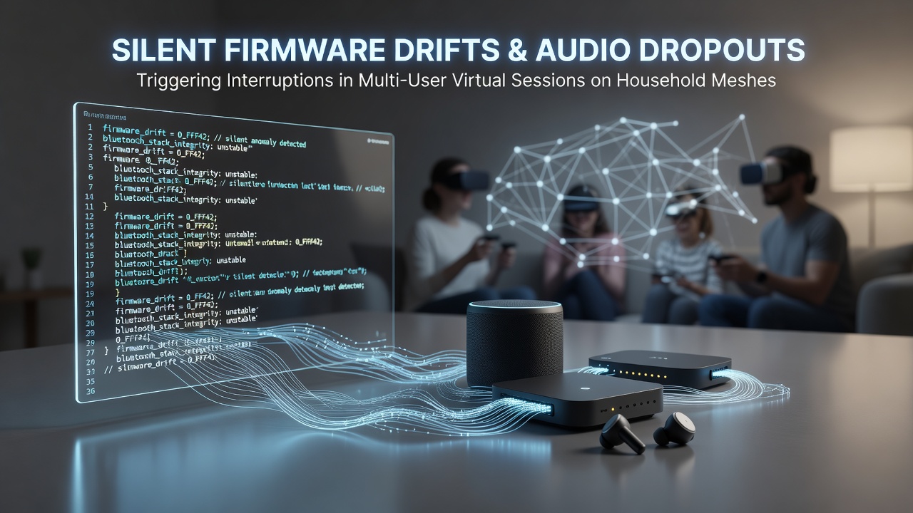 Bluetooth stack firmware drift visualization showing packet timing variations across household mesh networks during multi-user sessions