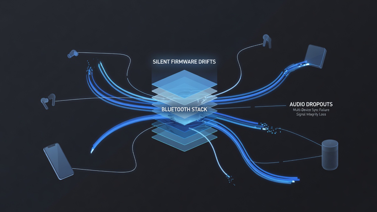 Diagram of audio packet loss caused by Bluetooth firmware drift in multi-user household mesh environments