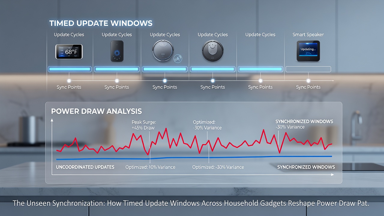 Graph showing synchronized power spikes from multiple household devices during overnight update windows