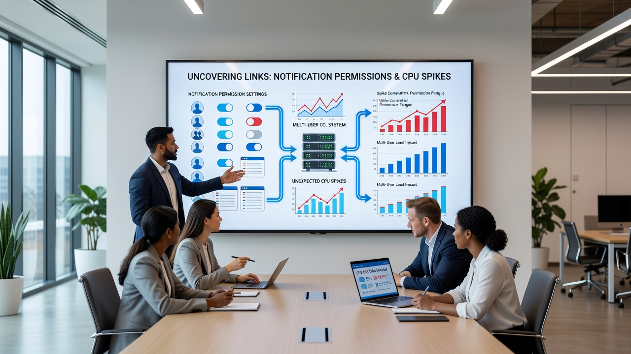 Performance graph displaying CPU utilization patterns linked to notification permission changes over time in multi-user systems
