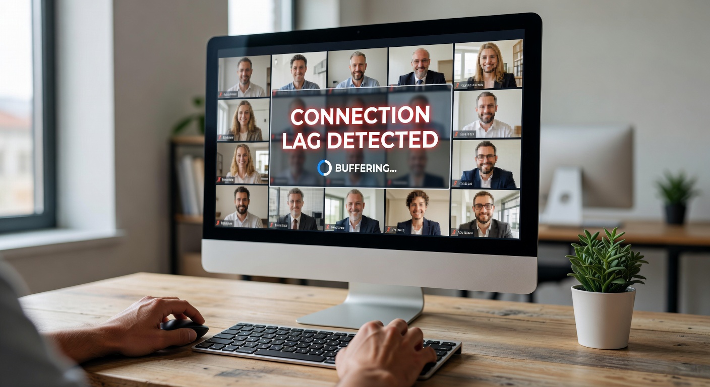A split-screen view of a video conference call showing one participant with smooth video and another experiencing frozen frames and pixelation, highlighting the contrast in performance during a typical remote meeting setup