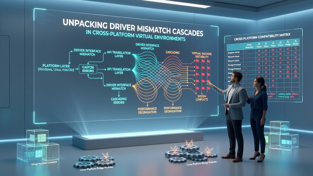Diagram depicting cascade pathways from mismatched drivers through virtual network and storage layers