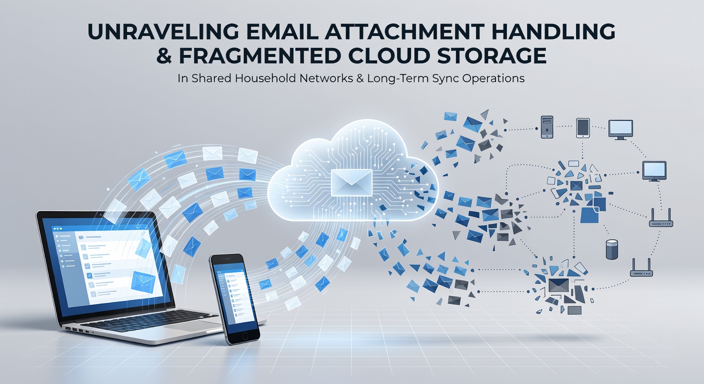 Diagram showing email attachment flow into cloud sync folders across multiple household devices