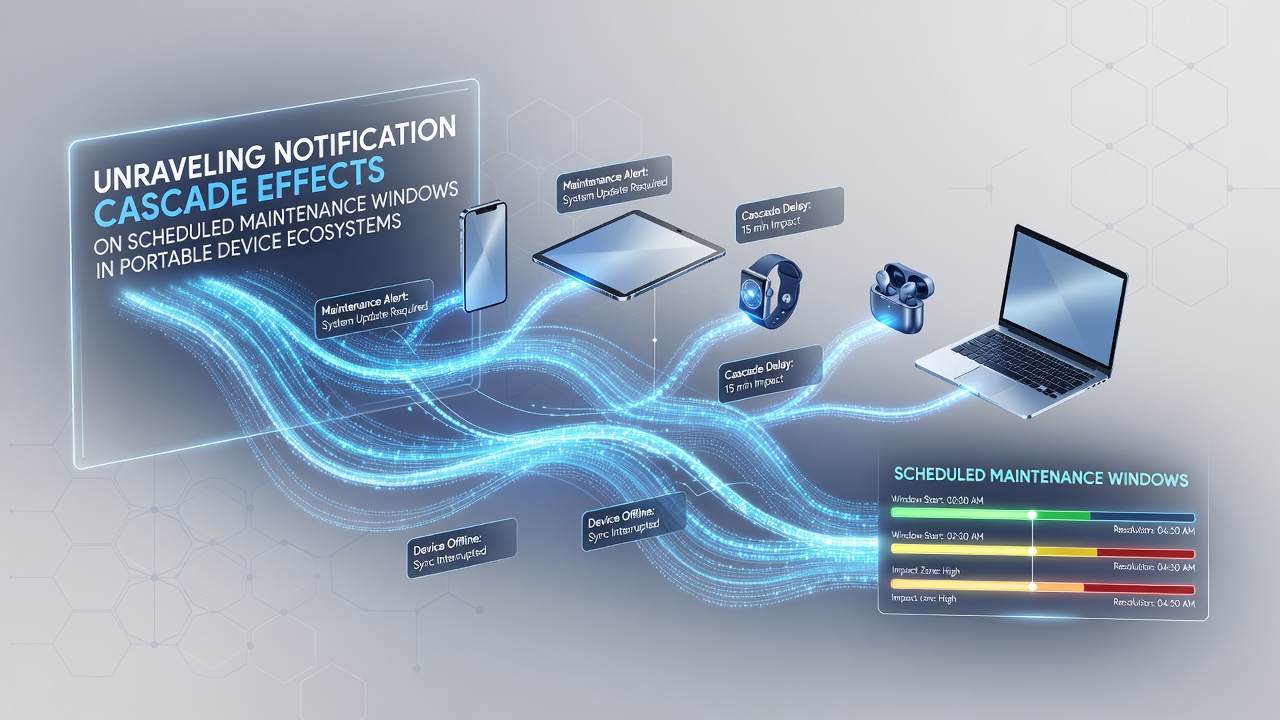 Illustration of notification cascades disrupting maintenance schedules across portable devices in a connected ecosystem