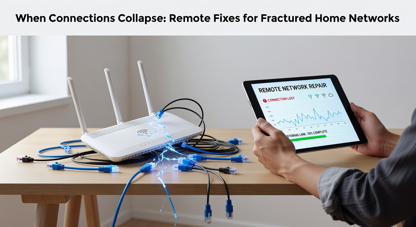 A frustrated person troubleshooting a home router with cables tangled and Wi-Fi signal icons fading in the background
