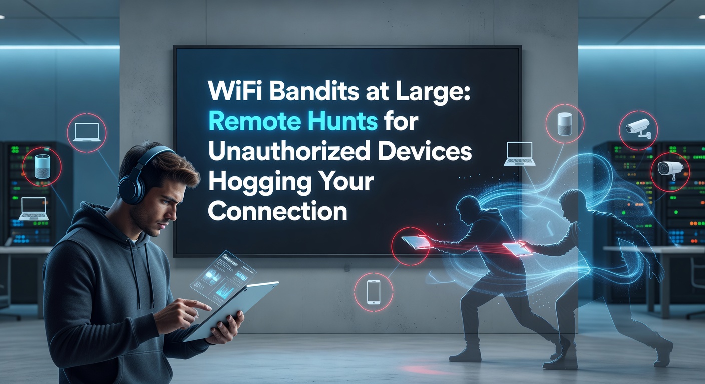 A digital illustration showing shadowy figures sneaking into a glowing WiFi signal network, representing unauthorized devices accessing a home router